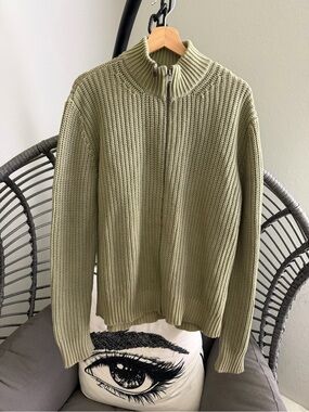 BEYMEN Men's Olive Zip-Front Ribbed Knit Sweater M
